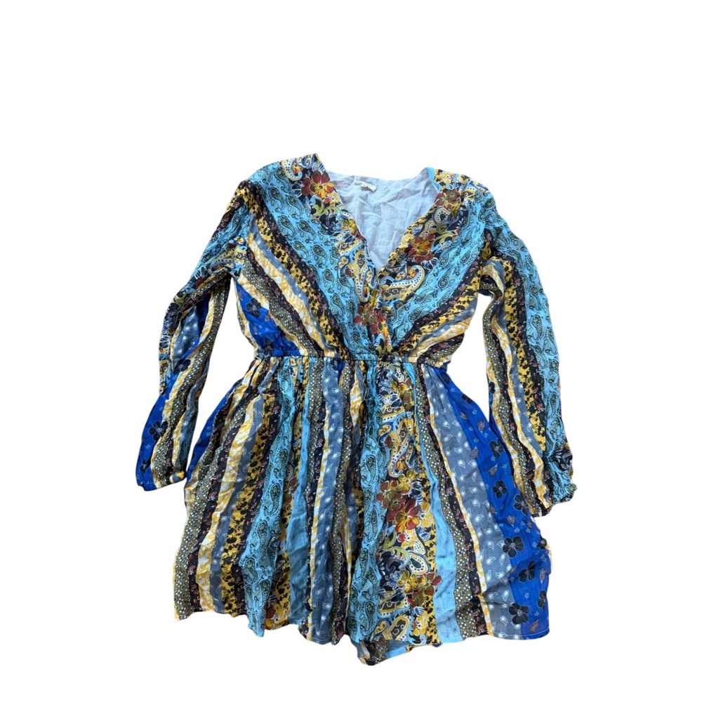 Easel Los Angeles Mixed Paisley Floral Print Long Sleeve Boho Dress Blue‎ M